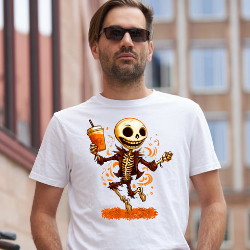 Dancing Skeleton Drinking Pumpkin Spice Latte T-Shirt-Unisex